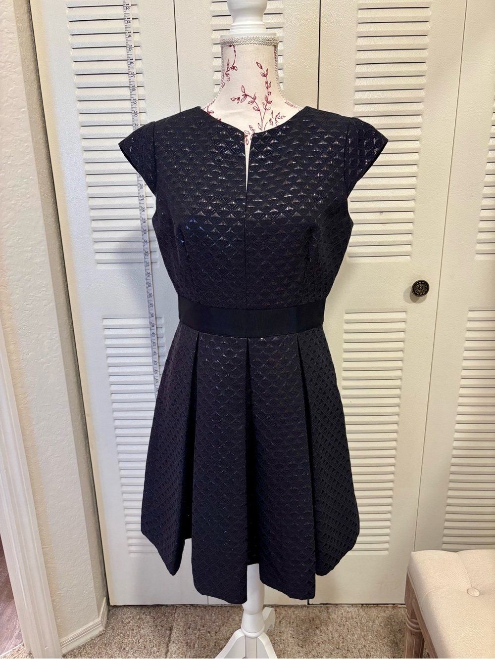 Ted Baker Indigo Textured Fit-and-Flare Midi Dress with Cap Sleeves